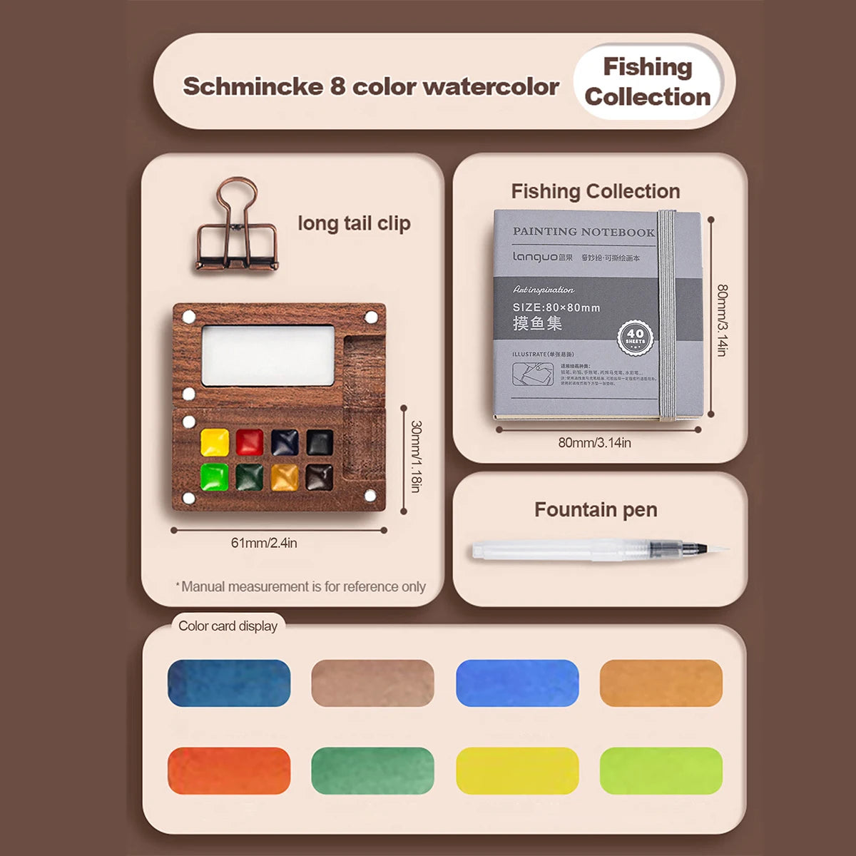 8/15Colors Schmincke Travel Wooden Handmade Watercolor Paint Tray Box Sketchbook Set Mini Walnut Palette Water Colour Brush Book
