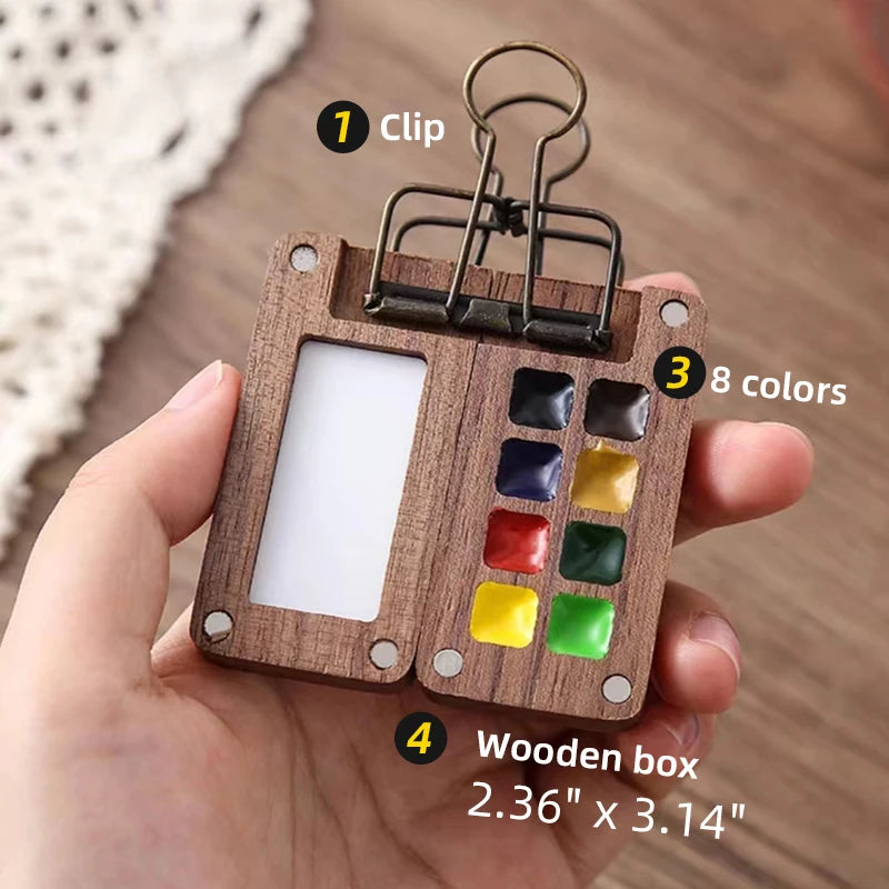 Portable Travel Handmade Black Walnut Box, 0.5ML Schmincke Watercolor Paint Set Tray Palette Water Colour Brush Book