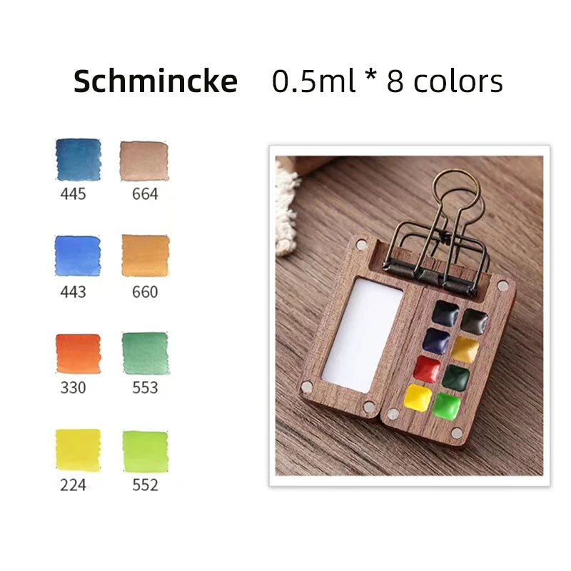 Portable Travel Handmade Black Walnut Box, 0.5ML Schmincke Watercolor Paint Set Tray Palette Water Colour Brush Book