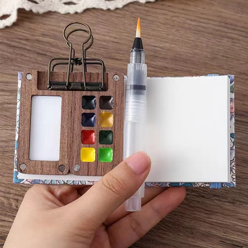 Portable Travel Handmade Black Walnut Box, 0.5ML Schmincke Watercolor Paint Set Tray Palette Water Colour Brush Book