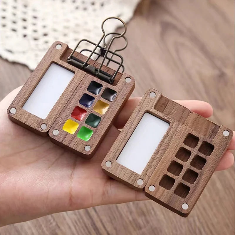 Portable Travel Handmade Black Walnut Box, 0.5ML Schmincke Watercolor Paint Set Tray Palette Water Colour Brush Book