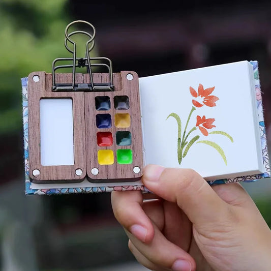 Portable Travel Handmade Black Walnut Box, 0.5ML Schmincke Watercolor Paint Set Tray Palette Water Colour Brush Book