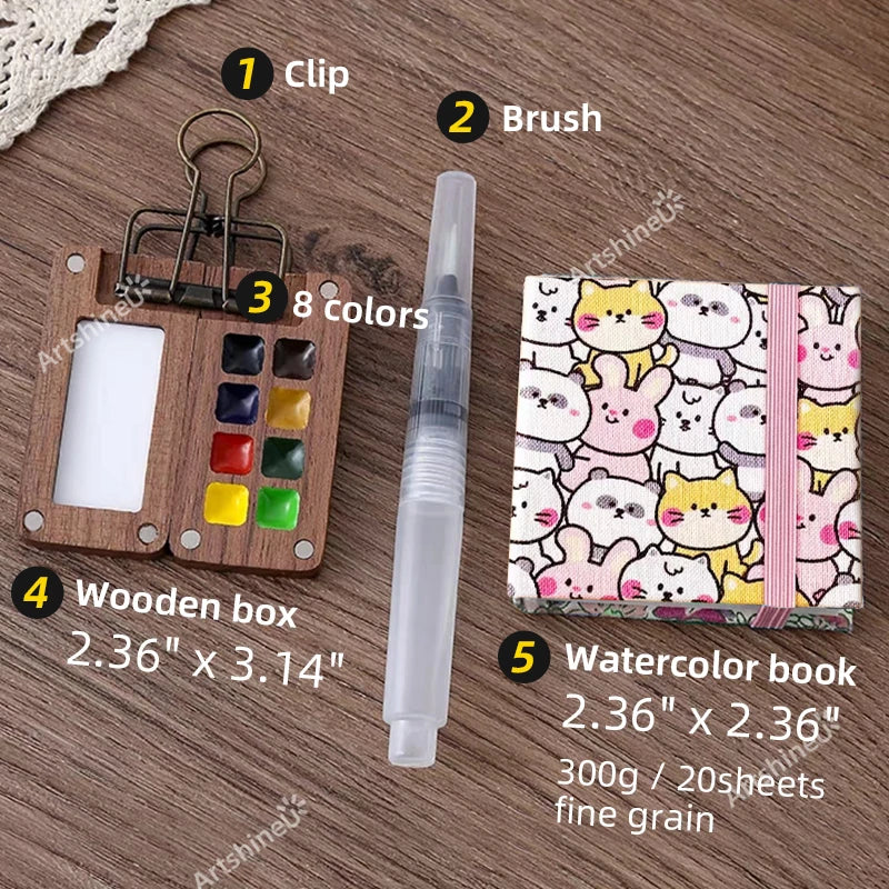 Portable Travel Handmade Black Walnut Box, 0.5ML Schmincke Watercolor Paint Set Tray Palette Water Colour Brush Book