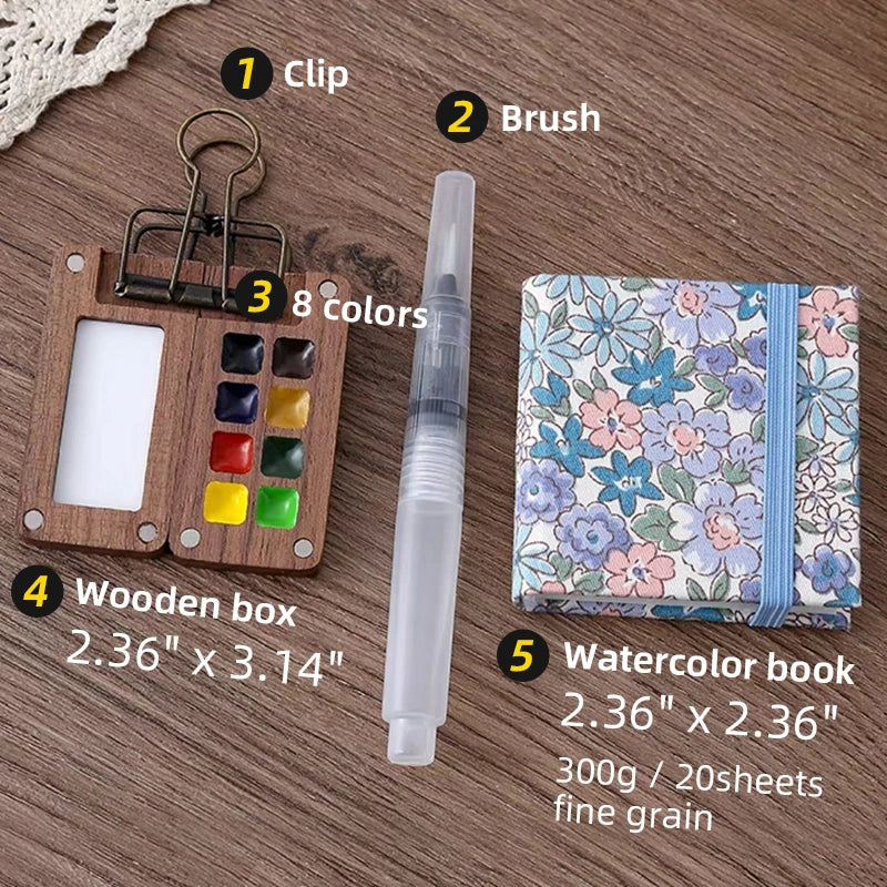 Portable Travel Handmade Black Walnut Box, 0.5ML Schmincke Watercolor Paint Set Tray Palette Water Colour Brush Book
