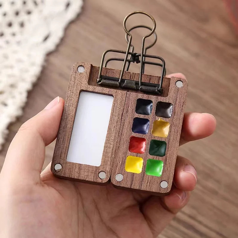 Portable Travel Handmade Black Walnut Box, 0.5ML Schmincke Watercolor Paint Set Tray Palette Water Colour Brush Book