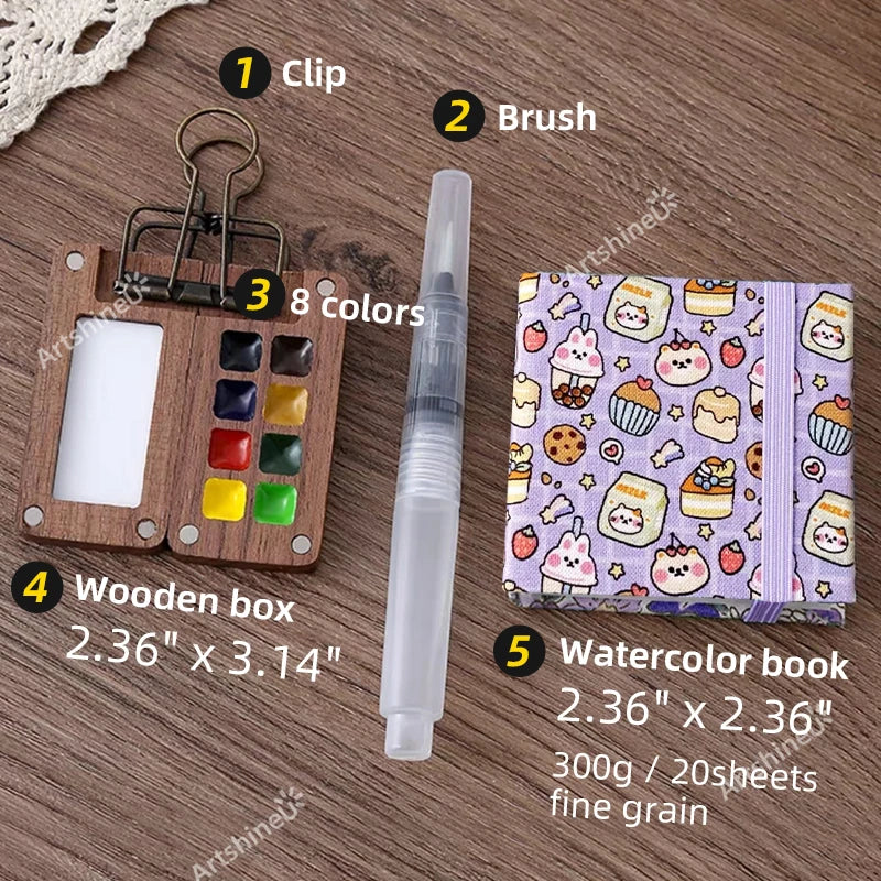 Portable Travel Handmade Black Walnut Box, 0.5ML Schmincke Watercolor Paint Set Tray Palette Water Colour Brush Book
